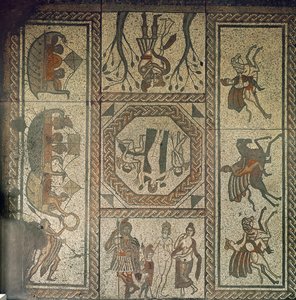 Mosaisk trottoar från den romerska villan i Low Ham, som illustrerar historien om Dido och Aeneas från Virgils Aeneid, ca 350 e.Kr. (mosaik) av Roman
