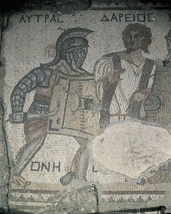 Målning av två gladiatorer på en mosaikvägg, Kourion, Limassol, Cypern av Roman