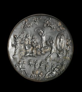 Patere de Parabiago, silverrituell maträtt som skildrar Attis (eller Atys) och Cybeles triumf på en vagn avfyrad av lejon, 300-talet. Silver: Diameter: 40 cm. Musee archelogique de Milan. - Patera of Parabiago, rituell silverplatta, som representerar trium av Roman