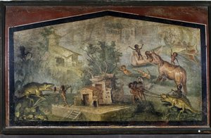 "Pygméer som jagar krokodiler och elefanter" från Pompei av Roman