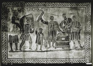 ROMERSK KONST: Mätning av sädeskornet (majs). Majsutdelningen som Gaius Gracchus ..., 200-talet e.Kr (mosaik) av Roman