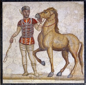 Representation av den romerska cirkusens fyra fraktioner: den röda (factio russata). Fraktionerna var klubbar som var engagerade i cirkustävlingar i det övre imperiet (1:a århundradet e.Kr.) och präglade av en färg. Mosaik, Rom Museo nazionale Romano. av Roman