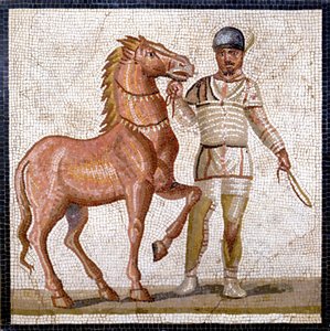 Representation av den romerska cirkusens fyra fraktioner: de vita (factio albata). Fraktionerna var klubbar som var engagerade i cirkustävlingar i det övre imperiet (1:a århundradet e.Kr.) och kännetecknas av en färg. Mosaik, Rom Museo nazionale Romano. av Roman