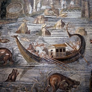 Flodfartyg från 1:a århundradet f.Kr. Detalj av mosaiken av Palestina. Rodret är i aktern och dubbelt. Denna mosaik kommer från Temple of Fortune och finns nu bevarad på Barberini Palace. av Roman