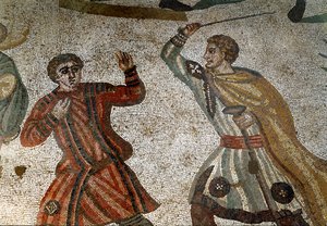 Romersk konst: Detalj av mosaiken "" Den stora jakten"" En romersk aristokrat straffar en av sina slavar med en pinne. 315-350 e.Kr. Piazza Armerina, Villa Romana del Casale av Roman