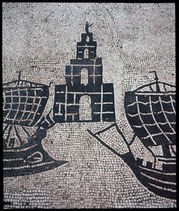 Romersk konst: "" Lighthouse and Ships"" Mosaik av Corporation des gens de la mer, Place des Corporations av Roman