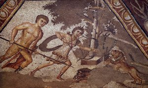 Romersk konst: Mosaik av årstiderna från gården till Constantine villa "" Daphne"" som representerar två jägare. Detalj. Från Faubourg i Antioche-sur-l
