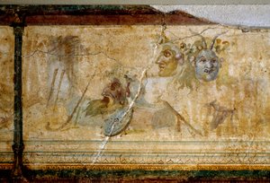 Romersk konst: "" Stilleben med teatermasker "" Detalj. Fresk omkring 25-19 f.Kr. Dim. 23 cm Rom, National Roman Museum (eller Terme) av Roman