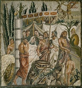 Romersk konst: "" The Sacrifice of Iphigenie"" Kung Agamemnon offrar sin dotter för att lugna Artemis (Dianas) ilska. Mosaik från 1:a århundradet f.Kr. Museum of Ampurias (Empurias), Spanien av Roman