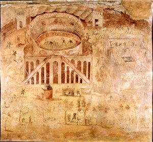 Romersk konst: "" Våldsam kamp mellan invånarna i Nocera och pompeierna i amfiteatern i Pompei 59 e.Kr."" Detalj av en fresk. 1:a århundradet e.Kr. Från Pompei-platsen. Neapel, Museo Archeologico Nazionale av Roman