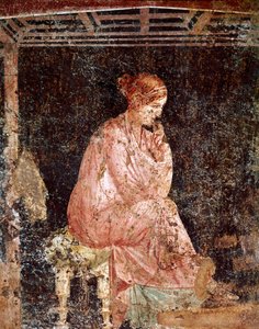 Romersk konst: "" Ung kvinna sitter"" (Sittande ung dam) Romersk fresk av den 3:e pompeianska stilen från Pompei (fresk från Pompeji) 40-60 e.Kr. av Roman