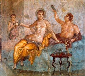 Romersk konst: bankettscen, en ung man och en kurtisan (en bankett i det antika Rom, en ung man och en kurtisan) Romersk fresk av den 4:e pompeianska stilen från platsen för Ercolano (Herculanum eller Herculaneum) 60-80 AD Dim 65x66 cm Presenteras på Natio av Roman
