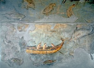 Romersk konst: "" fiskare på en båt""" Fresk från ett hus som ligger nära en flodhamn i Rom. 131 e.Kr. Rom, Museo Nazionale Romano (o delle Terme) av Roman