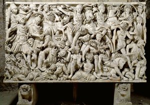 Romersk konst: sarkofag Ludovisi med stridsscen mot romarna mot barbarerna - 3:e århundradet e.Kr., Dim. 153x273 cm - Rom, Museo Nazionale Romano - Ostiliano, son till kejsar Decius (201-51 e.Kr.) omgiven av kavalleri, från slaget mellan romarna och av Roman