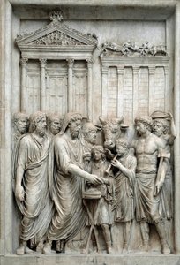 Romerske kejsaren Marcus Aurelius offrar inför Jupitertemplet, Rom, ca 161-180 (marmorrelief) av Roman
