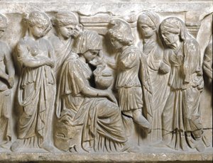 Romersk antikvitet: "" Phedrus sorg i kärlek och stött bort av Hippolyte"" Låg relief av sarkofag kallad "" Phedrus och Hyppolite"". 3:e e.Kr. Palermo, Museo Archeologico Nazionale av Roman