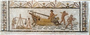 Romersk antikvitet: "" Lossa en last med ved från ett fartyg och väga bly""" Mosaik som kommer från Sousse i Tunisien. 3:e århundradet e.Kr. Dämpa. 90x230 cm Musee du BarDo, Tunis av Roman