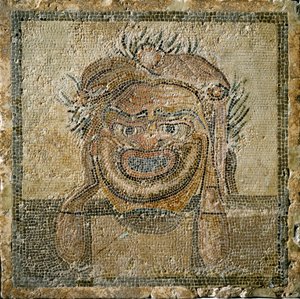 Romersk konst: romersk teatermask. Mosaik från Ampurias (Empúries). 2:a århundradet e.Kr. Spanien Empurias museum av Roman