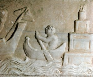 Romersk konst: "" en sjöman som guidar ett fartyg i hamnen i Ostia (Ostia), stadens fyr är synlig"" Detalj av en relief från 1:a århundradet e.Kr. Ostia, Museo Ostiense av Roman