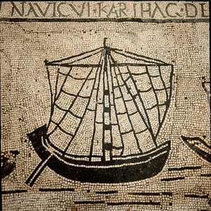 Romersk konst: lastfartyg. Mosaik från 300-talet e.Kr. Ostia, Ostia, Piazzale delle Corporazioni. Italien - romersk konst: ett fartyg lastat med varor. Golvmosaik. 3:e århundradet f.Kr. Piazzale delle Corporazioni, Ostia, Italien av Roman