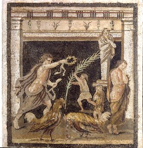 Romersk konst: tuppfäktning i en palestra i närvaro av personifieringarna av nederlag och seger. Mosaik från Villa du Labyrinth i Pompei. 2:a stilen. Dämpa. 46x42 cm Museo Archeologico Nazionale, Neapel av Roman