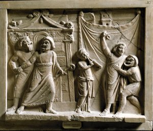 Romersk konst: komedi teaterscen (komedi) av stycket "Andria" av Terence (Publius Terentius Afer) (185-159 f.Kr.), relief från Pompei - Museo Archeologico Nazionale Neapel - Scen för den grekiska komedin Andria, av Terence (Publius Terentius Afer) (195/185 av Roman