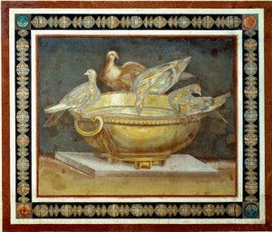 Romersk konst: fyra duvor som dricker en fontän. Mosaik som kommer från Villa Adriana (Villa d