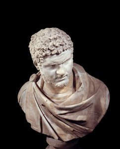 Romersk konst: marmorbyst av Caracalla (188-217), kejsare från 211 till 217 e.Kr. Sön 0,52 m Paris, Louvren av Roman