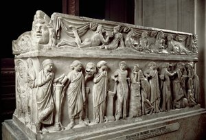 Romersk konst: marmorsarkofag dekorerar strumpor som visar muserna och en bankettscen. Från Ostia. 120-130 e.Kr. Paris, Louvren av Roman
