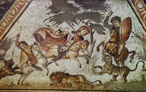 Romersk konst: mosaik av årstiderna från innergården till Constantine villa "" Daphne"". Detalj som visar en scen av lejon- och tigerjakt. Från Faubourg i Antioche-sur-l