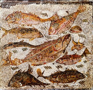 Romersk konst: mosaik som föreställer fisk. 1:a eller 2:a århundradet e.Kr. Från Villa dei Settimii på Via Cassia. Rom, Museo Nazionale Romano - Romersk konst: mosaik som föreställer fiskar. 1:a eller 2:a århundradet e.Kr. Från Villa dei Settimii, Via Cass av Roman