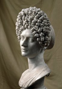 Romersk konst: porträtt av en dam från den flaviska perioden. 80-100 e.Kr. Skulptur i marmor. Dämpa. 38 cm. Rom, Musei Capitolini av Roman
