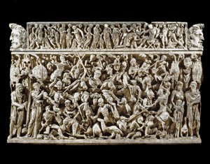 Romersk konst: scen för strider mellan romerska krigare och barbarer under de Marcomanska (eller Marcomanniska) krigen. Relief av sarkofagen som kallas Portonaccio av en general av Marc Aurele. 180-190. Rom, Museo Nazionale Romano (o delle Terme) av Roman