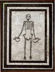 Romersk konst: skelettbärande askos. Mosaik som kommer från Vesuve-regionen. 4:e stilen. 1:a århundradet f.Kr. Dämpa. 91x70 cm Museo Archeologico Nazionale, Neapel av Roman