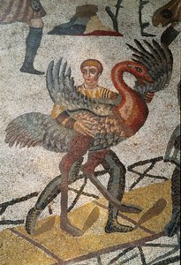 Romersk konst: transporten av strutsar på fartyg skickas till Rom. Detalj av mosaik av "" Det lilla jaktpartiet"" 315-350 e.Kr. Piazza Armerina, Villa Romana del Casale av Roman