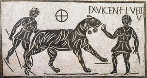 Romersk konst: ""två kvinnor som tämjer en tiger""" Mosaik från Castro pretorio i Rom. 1:a århundradet e.Kr. Rom, Museo Nazionale Romano av Roman