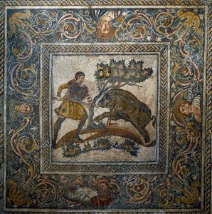 Romersk konst: "" vildsvinsjakt""" Mosaik från 300-talet e.Kr. från den romerska villan Las Tiendas. Merida, Nationalmuseet för romersk konst, Spanien av Roman