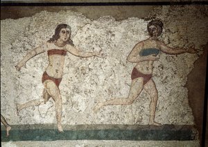 Romersk konst: unga romare ägnade sig åt fysiska övningar. De bär ett höfttyg runt njurarna och en strophium (behåns stamfat) på bröstet. Detalj av mosaik 315-350 e.Kr. Piazza Armerina, Villa Romana del Casale av Roman