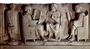 romersk civilisation. Relief föreställande skolscenen. Trier, tidigare känd på engelska som Treves är en stad i Tyskland på stranden av Mosel, erövrad av romarna under det senaste 1:a århundradet f.Kr. och omdöpt till Trevorum av Roman