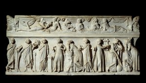 Sarcophagus des Muses: representation av muses deesses of arts and letters. Marmor skulptur. 150 e.Kr. Paris, Louvren. av Roman