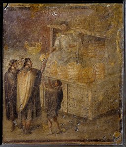 Scen som föreställer en bagare som säljer bröd. (Fresco, 1:a århundradet) av Roman
