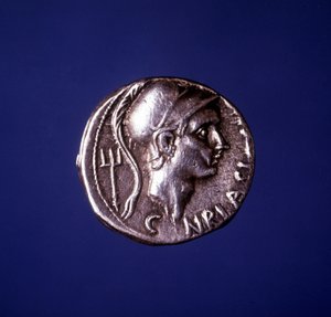 Silvermynt med bilden av Scipio den afrikanske (235 f.Kr. - 183 f.Kr.). av Roman