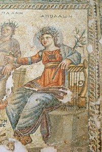 Mosaik med Apollon och Marsyas, detalj av Plinius och Apollon, Aions hus, Paphos, Cypern mosaik av Roman