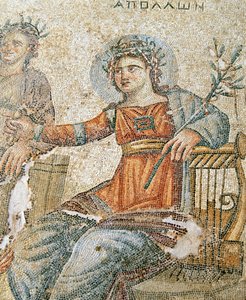 Mosaik med Apollon och Marsyas, detalj av Plinius och Apollon, Aions hus, Paphos, Cypern mosaik av Roman