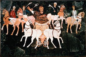 Den romerske konsuln Julius Annius Bassus representerar på en detalj quadrige av stilarbetsplattan från 300-talet. Basilica of Junius Bassus (Basilica of June Bassi), Esquilin i Rom. Bevara på Conservatori Museum, Rom av Roman