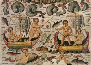 Neptunus och amfitrits triumf, detalj av amorfiskarmosaik av Roman