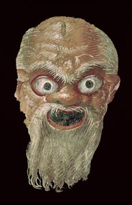 Teatermask, East Wall, Oecus 5, 60-50 BC freskdetalj av 57188 av Roman