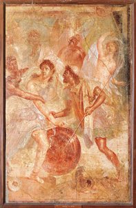 Ulysses och Diomedes känner igen Akilles förklädd till den kvinnliga Pyrrha bland Lycomedes döttrar på Skyros, från Pompeji (fresk) av Roman