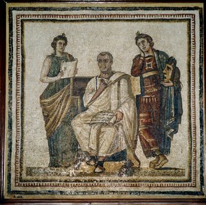 Virgil (Virgilio) och två muser (Clio och Melpomene) - början av 300-talet av Roman