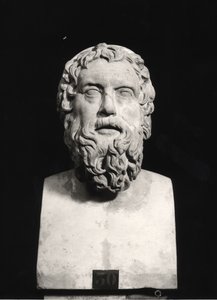 Byst av Aristofanes (c.445-c.385 f.Kr.) (marmor) (s/v foto) av Roman Roman